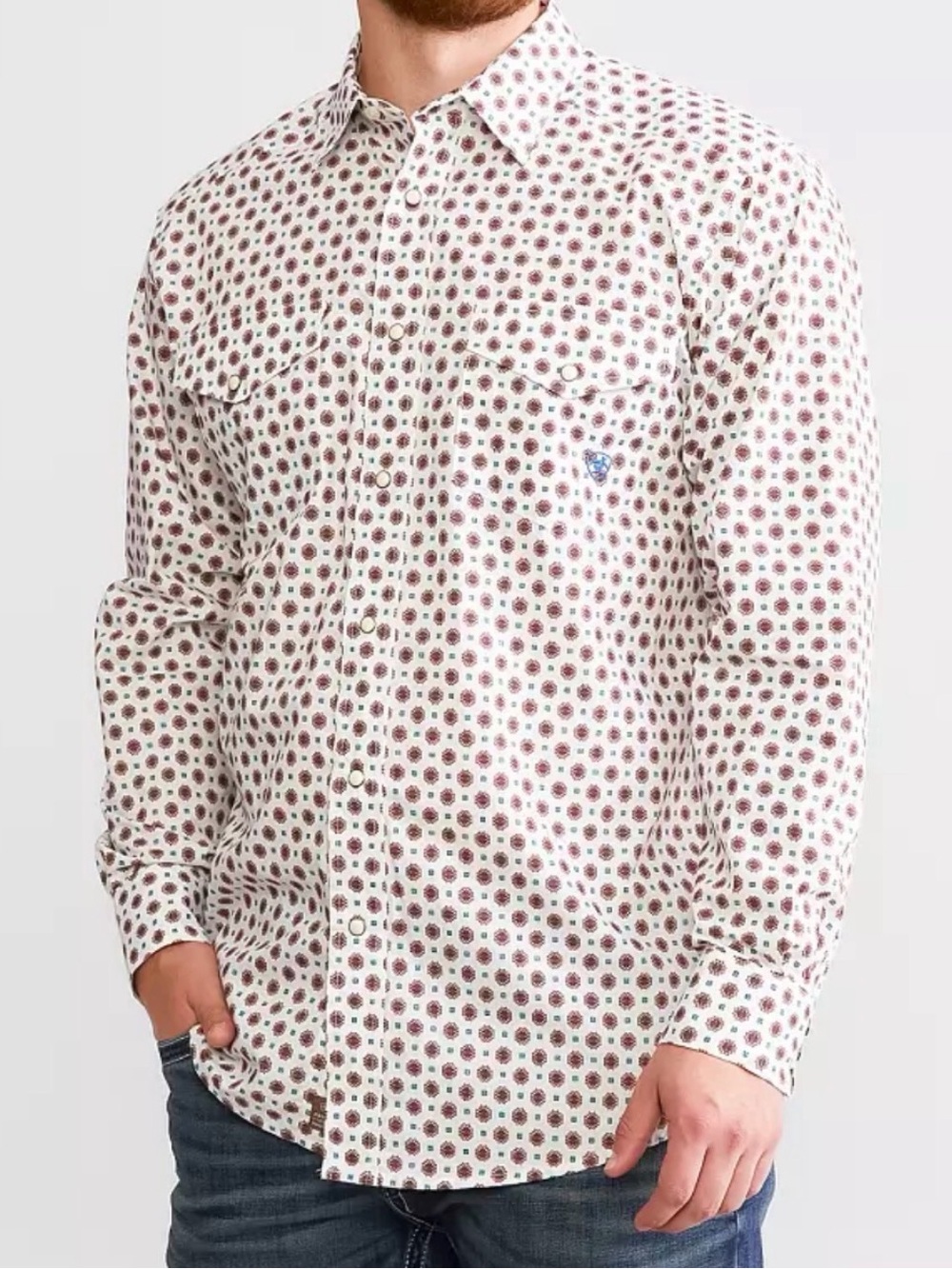 Ariat Men L Sheldon Snap LS Shirt White Aztec Southwestern Geometric Pearl Snap